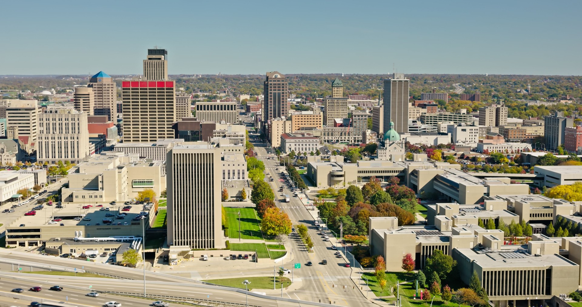 Drone View of Downtown Dayton, Ohio on Clear, Fall Day